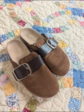 Old Navy Brown Suede Slip-On Mules with Buckle Detail